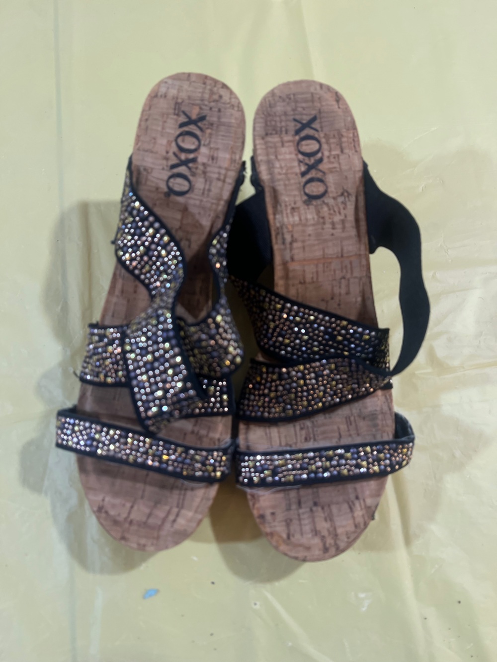 Oxo Black Wedge Sandals with Multicolor Crystal Accents A2